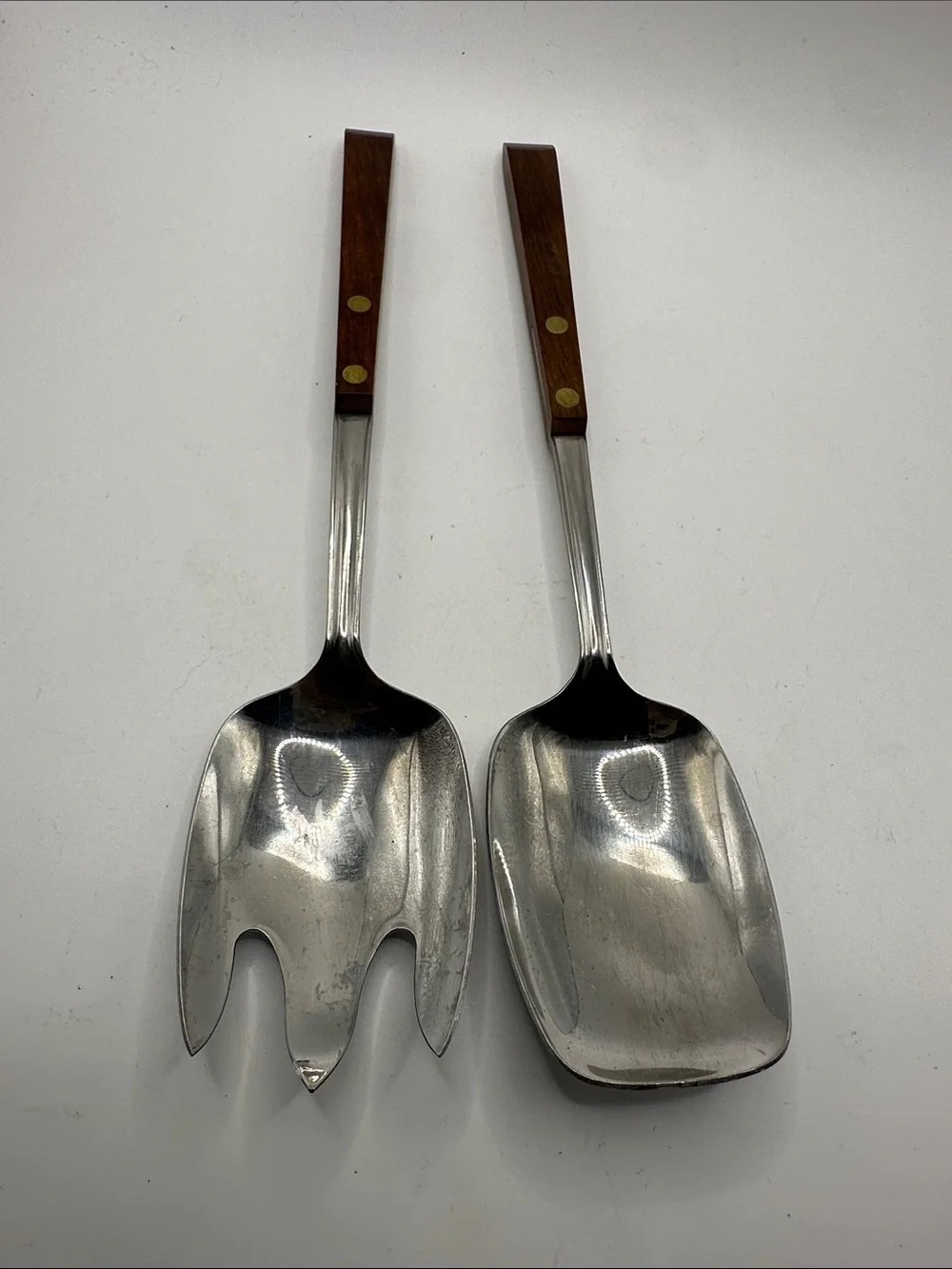 Wood-Handled Stainless Steel Salad Serving Set - Brown